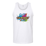 A white tank top with the words " tekajets " written in colorful letters.