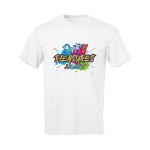 A white t-shirt with the words " tekaikes " written in colorful graffiti.