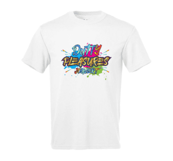 A white t-shirt with the words " tekaikes " written in colorful graffiti.