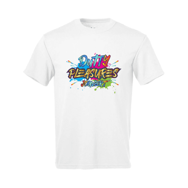 A white t-shirt with the words " tekaikes " written in colorful graffiti.