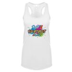 A white tank top with the word " fighter " written in front of colorful graffiti.