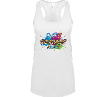 A white tank top with the word " fighter " written in front of colorful graffiti.