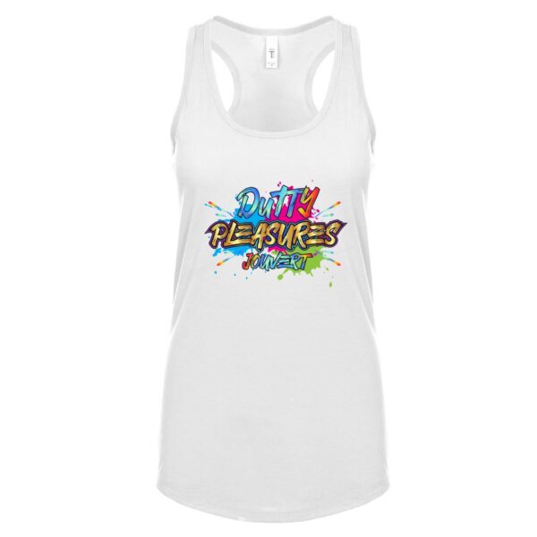 A white tank top with the word " fighter " written in front of colorful graffiti.