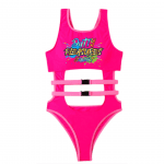 A pink swimsuit with the words " surf 's up " on it.