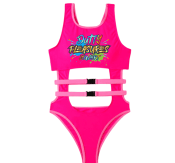 A pink swimsuit with the words " surf 's up " on it.